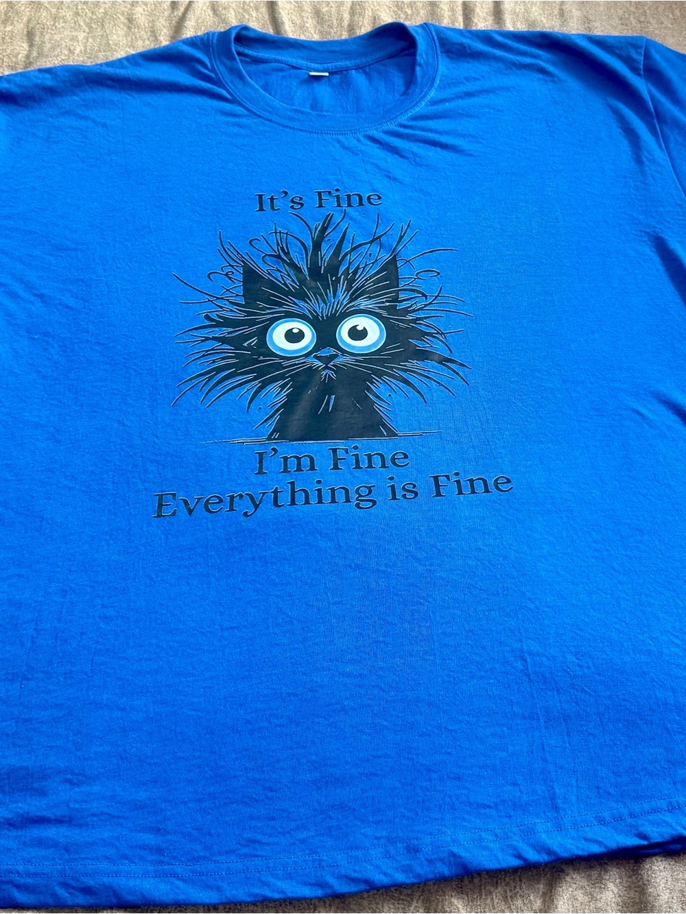 Bright Blue Graphic Tee - "It's Fine" Cat
